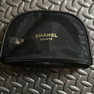 Chanel Beauty Women's Zip Around Crescent Cosmetic Bag Black Mesh Travel Pouch